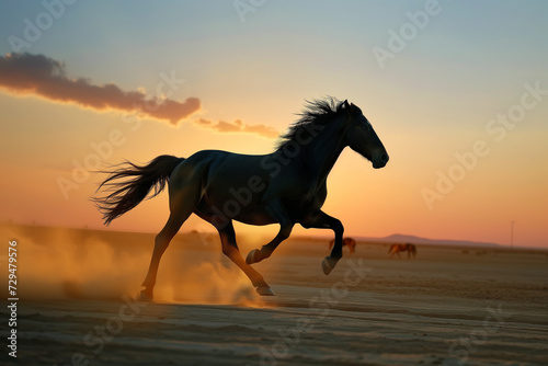 graceful black horse gallops across the sand at sunset