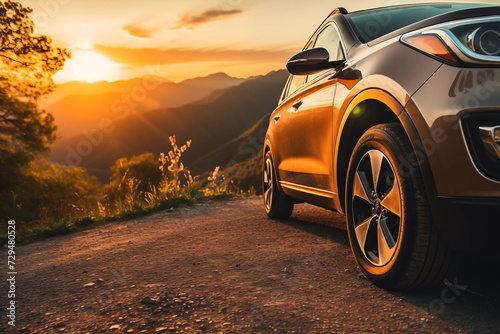 A close up shot of the side of a car at sunset on a mountain road