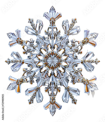 A 3D metallic snowflake on a white background.