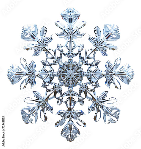 A 3D metallic snowflake on a white background.