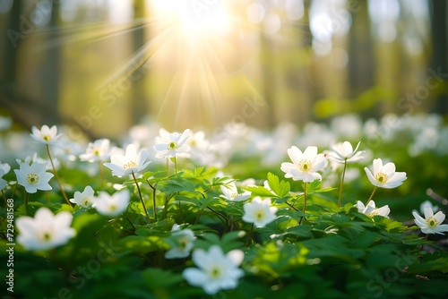 Beautiful White Flowers of Anemones in Spring in a Forest Close-up in Sunlight in Nature. Spring Forest Landscape With Flowering Primroses.