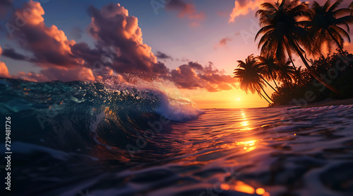 a tropical wave and palm trees at sunset over the oce