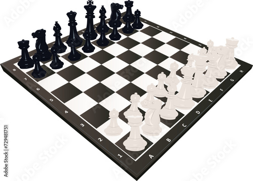 Chess setup. Black and white chessboard with chess pieces. Vector illustration.