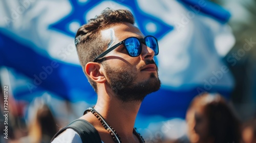 Religious jew man portrait, hero against the background of the Israeli flag, beautiful sky.