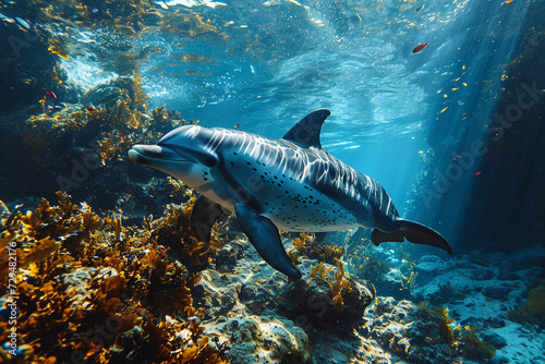 Dolphins swimming in deep sea © amirhamzaaa