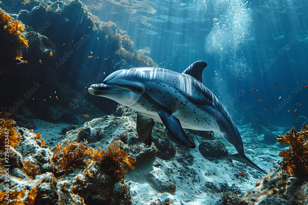 Fototapeta premium Dolphins swimming in deep sea