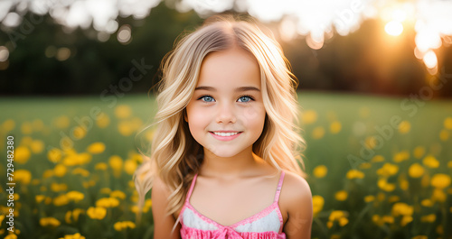 Cute little girl. Portrait of adorable child. Spring for children. Child enjoys spring. Funny face. Portrait of a smiling little kid girl. Little girl in a spring meadow. Kid enjoying the spring.