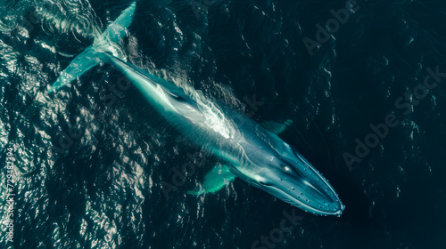 Aerial view photo of a giant blue whale in the deep sea