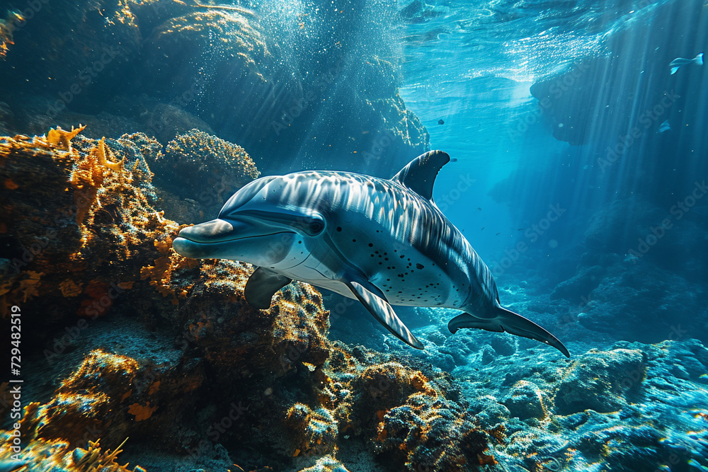 Fototapeta premium Dolphins swimming in deep sea