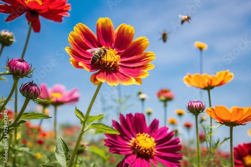 Solo honey bee cruising slowly through the air toward brightly colored rainbow rows of zinnias and cosmos. © Adrin
