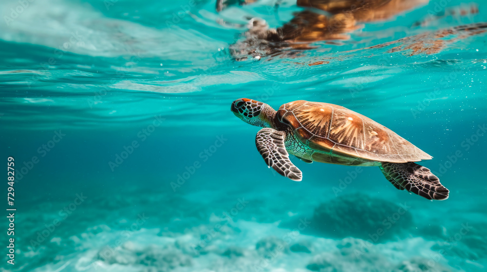 Obraz premium Beautiful sea turtle swimming in the depth ocean amidst coral reef
