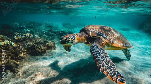 A sea turtle swimming above the ocean floor