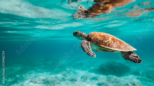 Beautiful sea turtle swimming in the depth ocean amidst coral reef © Paula