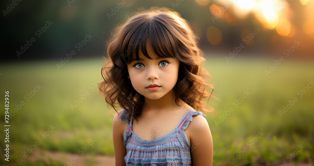 Fototapeta premium Cute blonde little girl in blossoming garden. Child girl near blossom garden. Kid girl in spring garden. Spring concept. Beautiful girl in orchard.