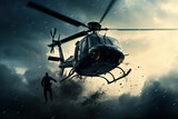 Action shot with helicopter hovering in the air. Dynamic scene in action movie blockbuster style