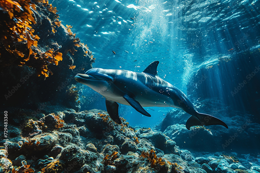 Fototapeta premium Dolphins swimming in deep sea