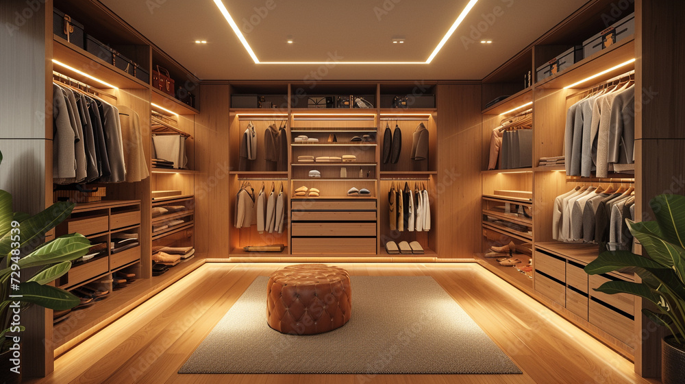 A clean and organized walk-in closet with a minimalist wardrobe, clever storage solutions, and impeccable lighting. 