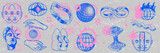 Retro futuristic graphic element y2k brutalism vector bitmap poster print set, cyberpunk tattoo. Acid brutal illustration, human face, planet, hand, globe icon. Texture bitmap noise, brutalism element