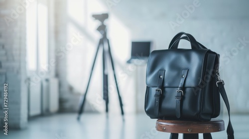 Elegant, compact camera bag in a bright, minimalist photographer's studio on a wooden stool, ideal for promoting high-end fashion accessories