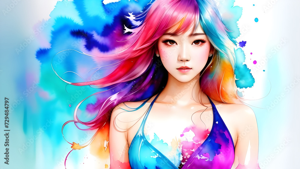 Portrait of a beautiful girl with colorful hair. Fashion art