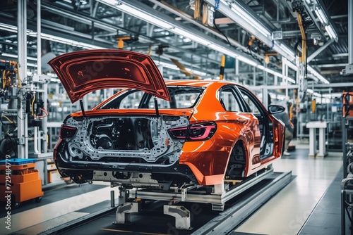 A vibrant orange car with an open trunk is positioned on an assembly line in a modern automobile manufacturing plant, showcasing the intricate process of vehicle assembly