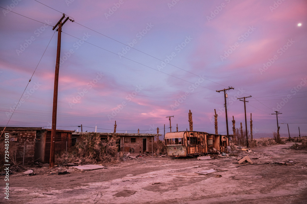 Abandoned houses and bus in run down on abandoned town. Salton Sea, California, USA Abandoned houses and bus in run down on abandoned town. Salton Sea, California, USA