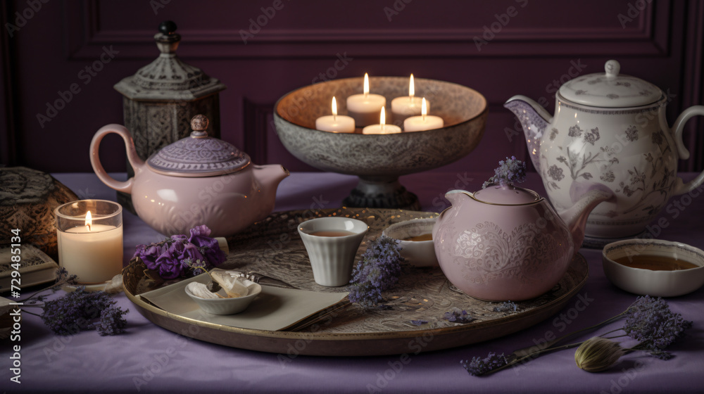 cinematic essence of a tea ceremony featuring lavender-infused tea