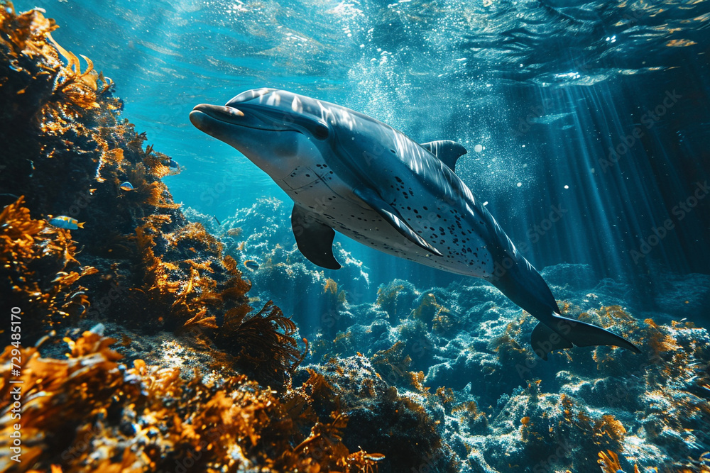 Fototapeta premium Dolphins swimming in deep sea