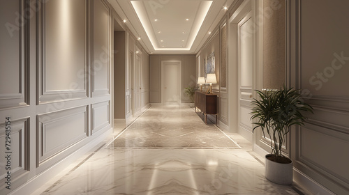 A hallway with recessed lighting  emphasizing the architectural details of the simple  elegant wall paneling. 