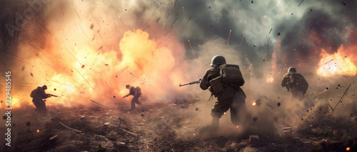 Soldiers in action amidst an explosive battlefield, a dramatic scene of bravery and the chaos of war