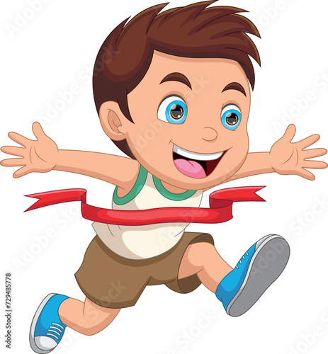 Happy boy ran to the finish line first cartoon