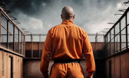 Rear view of a prisioner wearing orange jumpsuit in a penitentiary looking at the sky photo