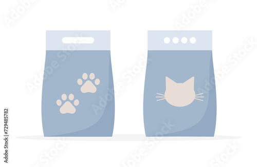 Set of cat litter packages isolated on white background, flat vector illustration
