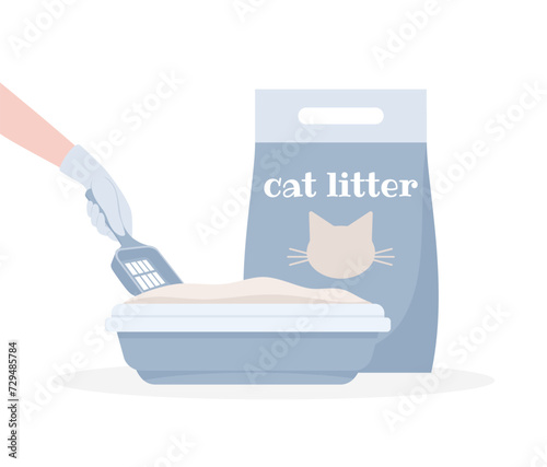 A pack of cat litter filler and a gloved hand with a shovel cleaning a cat toilet tray isolated on white background, vector flat illustration