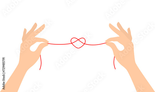 Two hands holding a red thread tied into a knot in the shape of a heart, isolated on a white background. Flat vector illustration