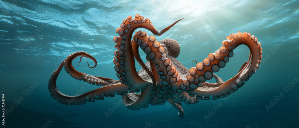 The majestic octopus glides through the ocean depths, its tentacles a ballet of grace and survival