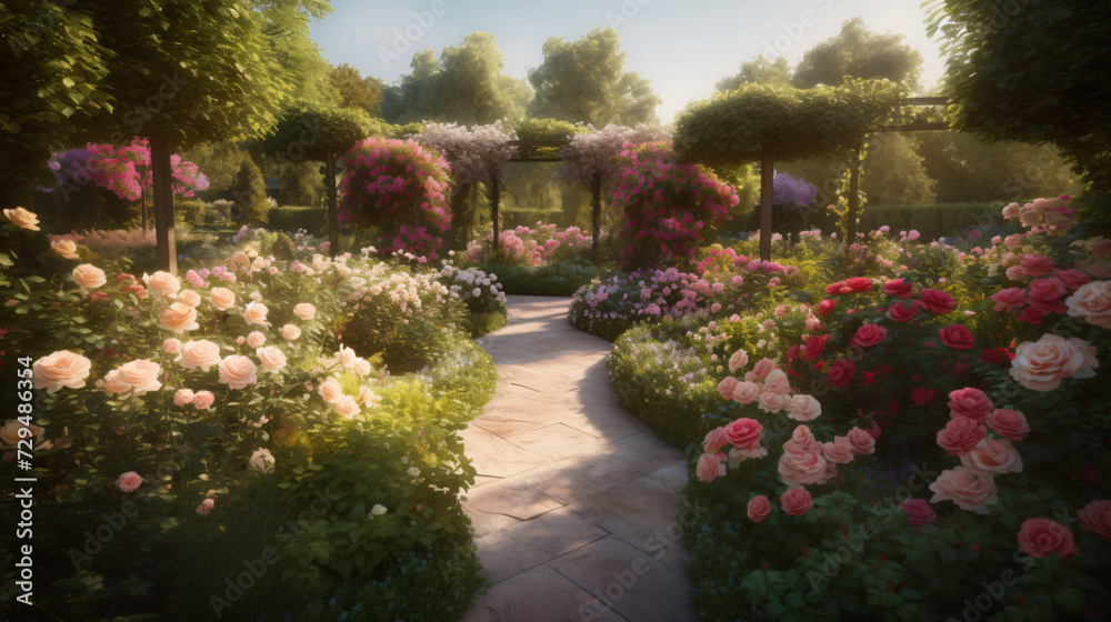 climbing roses on a trellis. Utilize dynamic lighting to highlight the interplay of light and shadow on the climbing vines