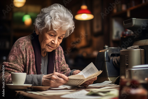 Senior mature woman holding paper bill trying to read it and figure out the problem