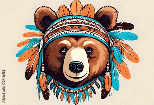 Bear. Portrait of vector animal wearing traditional indian headdress with feathers. Tribal style illustration for little children clothes. Image for kids tee fashion, posters