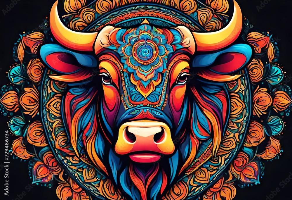Colorful bull head mandala arts isolated on black background