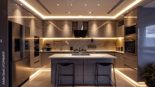 A monochromatic kitchen with stainless steel appliances, highlighted by the soft glow of under-cabinet lighting. 