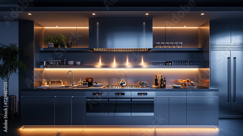 A monochromatic kitchen with stainless steel appliances, highlighted by the soft glow of under-cabinet lighting.  © Adnan Bukhari