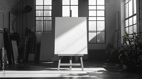 A monochrome art studio with clean lines, showcasing a solitary canvas on an easel and natural light pouring in. 