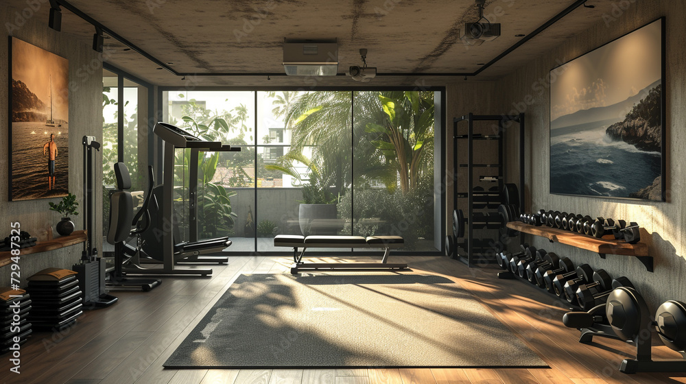 A perfectly organized home gym with minimalist equipment, ample natural light, and motivational artwork on the walls. 