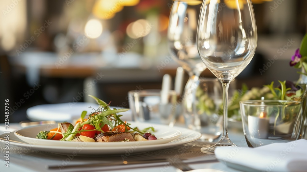 A Plate Of Food And Wine Glasses On A Table In A Restaurant