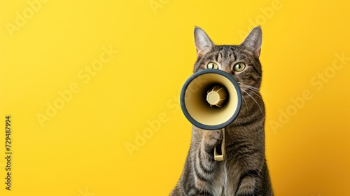 Cat holding megaphone. Art concept design. Minimal advertising background.Generative AI photo