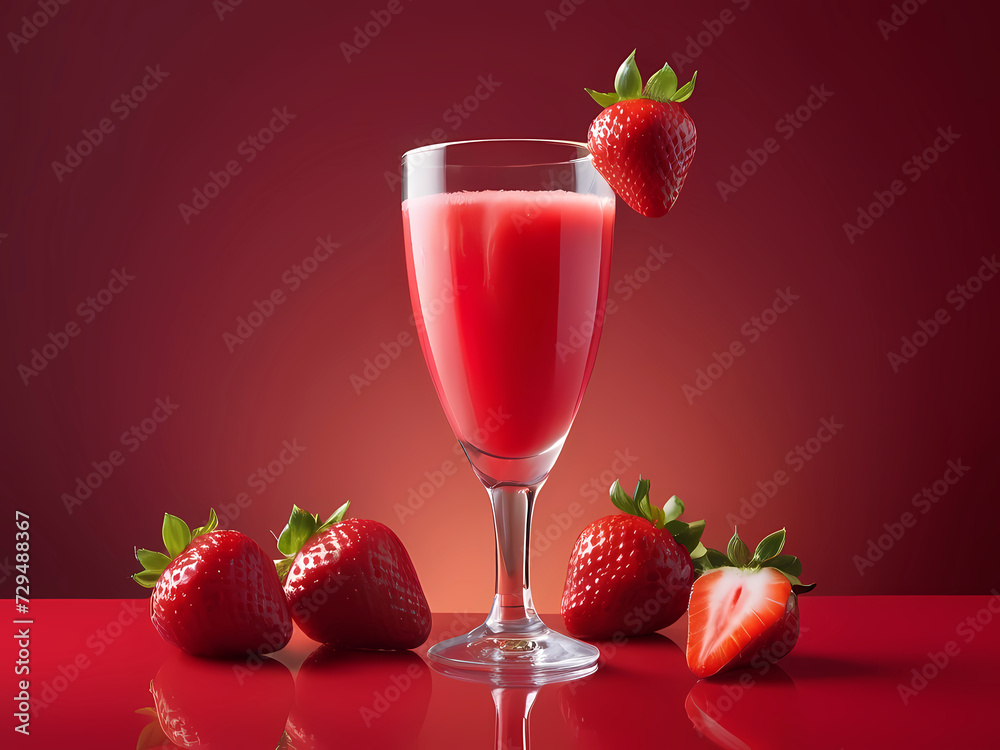 A Glass of Strawberry Juice Beckons Against a Vibrant Red Background. A Glass of Strawberry Juice Beckons Against a Vibrant Red Background.