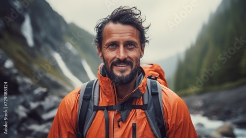 portrait of attractive middle aged man in sportive outfit, hiking outdoor in the mountains