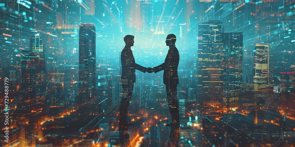 Amidst the towering buildings and city lights, two men seal their partnership with a handshake, their silhouettes etched against the urban skyline