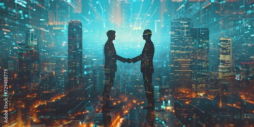 Amidst the towering buildings and city lights, two men seal their partnership with a handshake, their silhouettes etched against the urban skyline